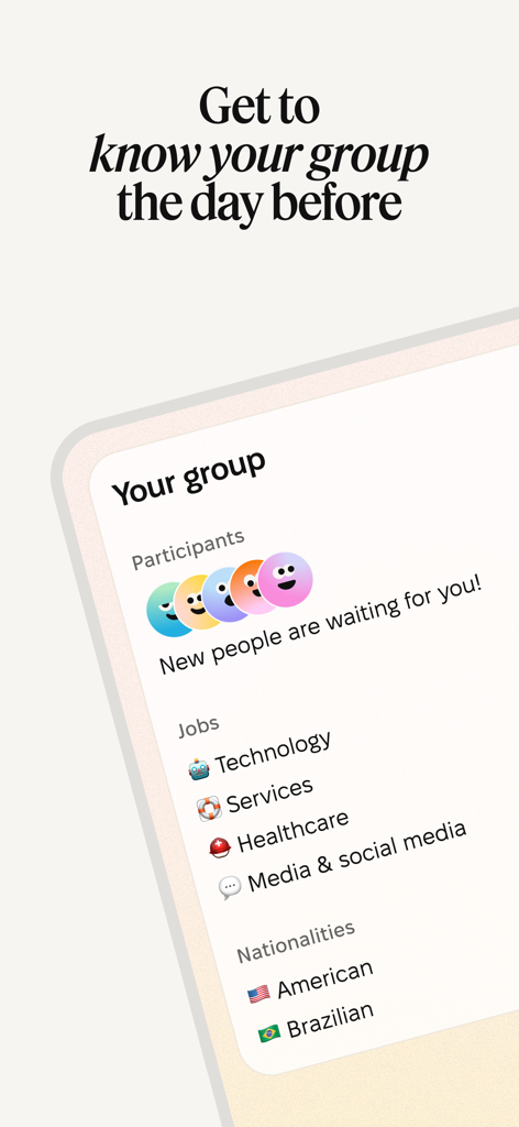 Timeleft app interface showing participants jobs and nationalities for an upcoming dinner group