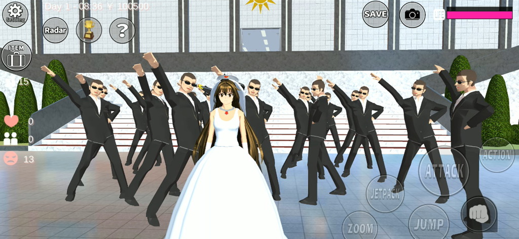 SAKURA School Simulatorで、スーツを着た男性たちに囲まれて踊る白いウェディングドレスのキャラクター。