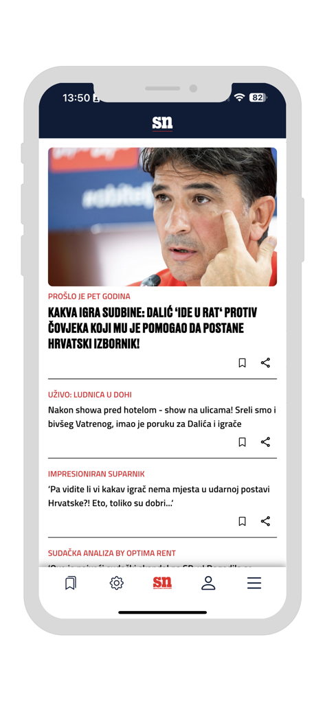 Sportske novosti - Oberfläche der mobilen Sportske novosti App, die Schlagzeilen und Artikel über kroatische Sportnachrichten zeigt