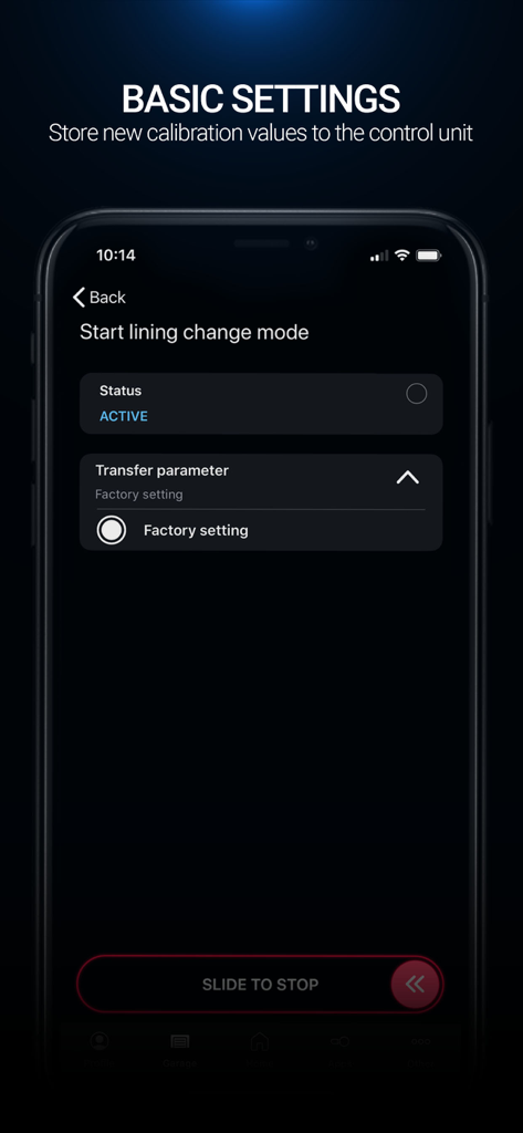 OBDeleven VAG Car diagnostics - OBDeleven app display showing basic settings and lining change mode for vehicle maintenance