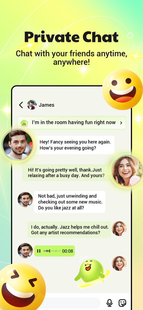 infun: Group Voice Chat Rooms - infunアプリのプライベートチャットインターフェース。友達間のテキストとボイスの会話、楽しい絵文字が表示されています。