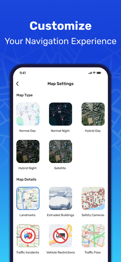 GPS Map Navigation - GPS Map Navigation app settings showing map types and detail options