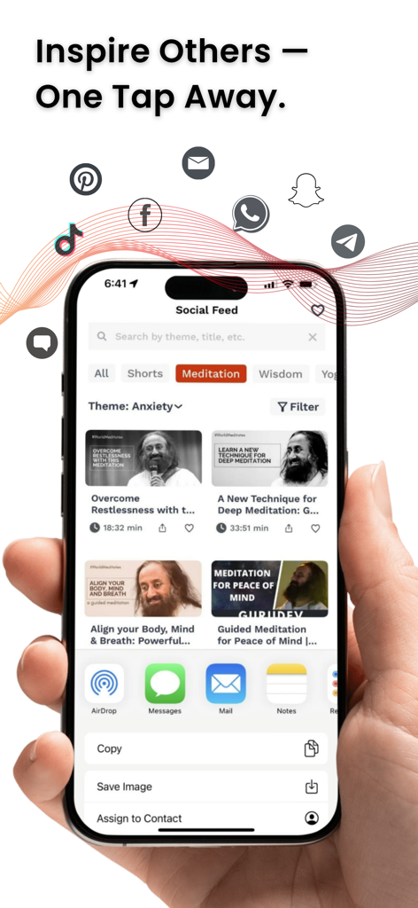 Art of Living app interface showing the social feed and meditation content sharing options