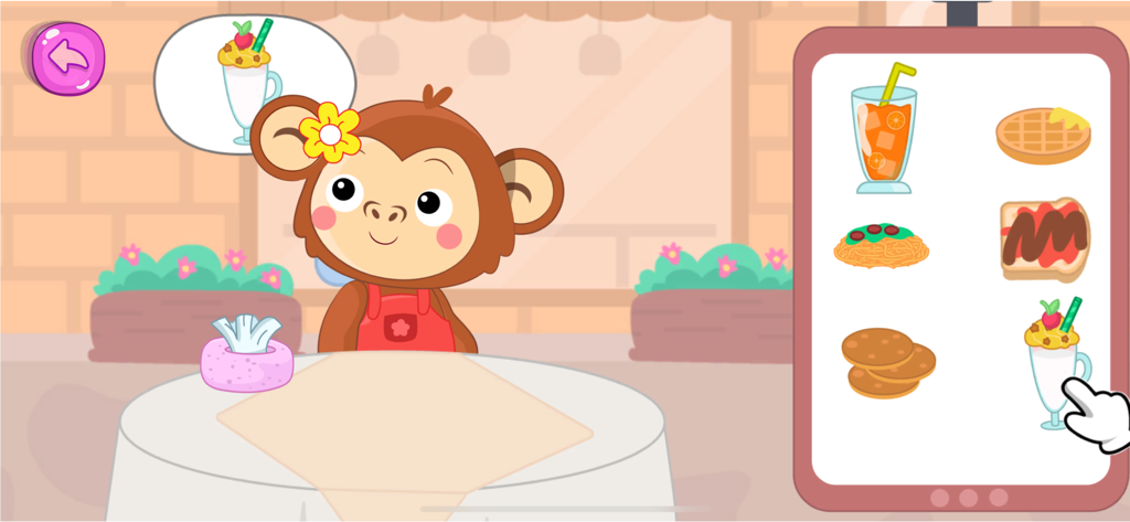 ElePant Kids Learning Games 2+ - A preschool matching game activity where kids select food items for a cute monkey character.