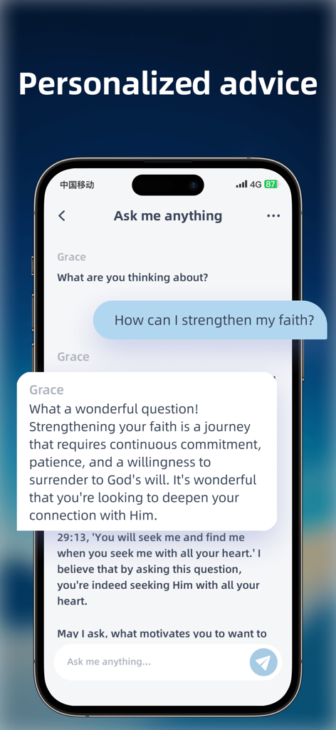 Grace: Bible Chat - Pantalla de la aplicación Grace Bible Chat que muestra una conversación de IA sobre cómo fortalecer la fe con referencias de las escrituras
