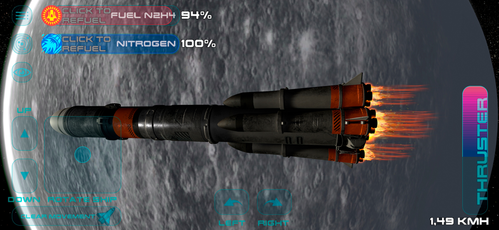 Space Simulator - Un razzo realistico in orbita attorno a una luna craterizzata con controlli di volo tecnici nell'app Space Simulator.