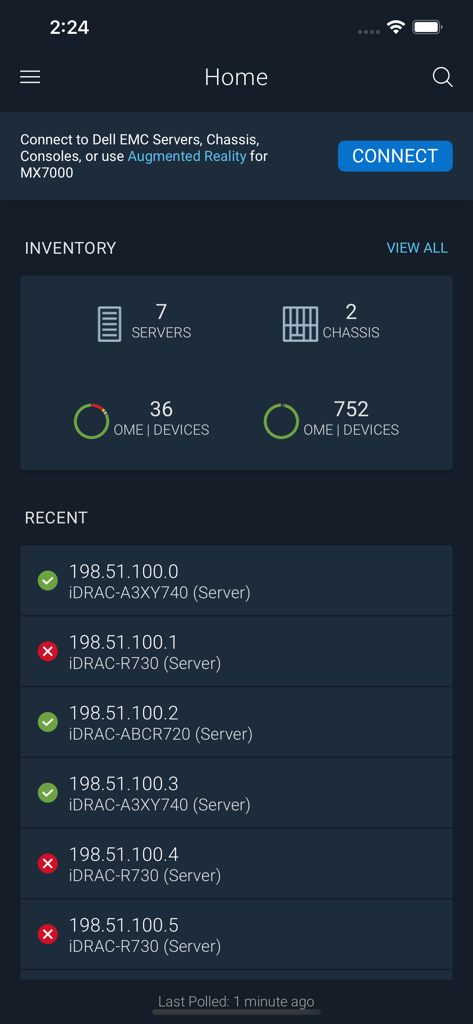 OpenManage Mobile - OpenManage Mobile home screen showing server inventory and recent device health status.