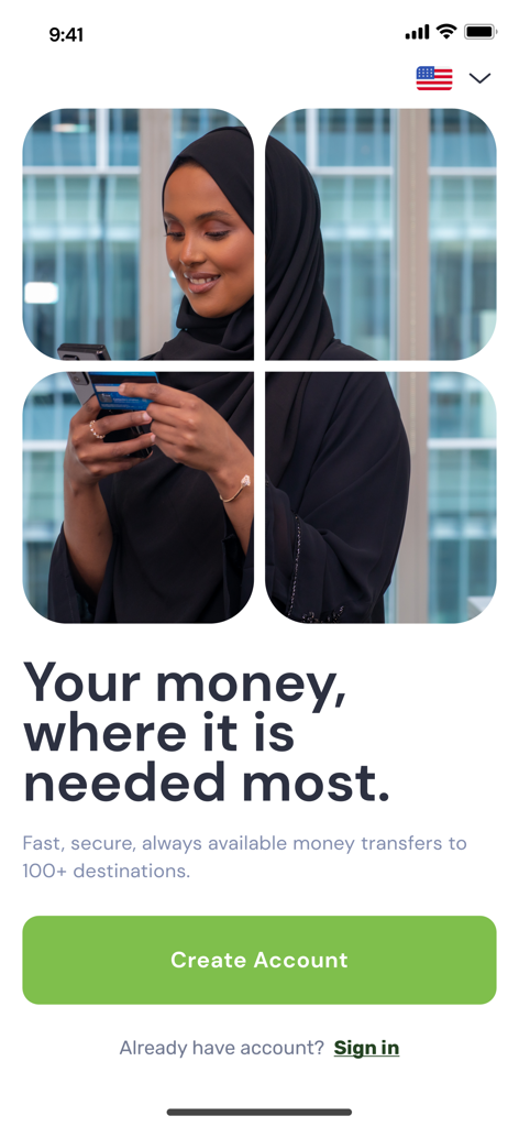 DahabshiilApp - DahabshiilApp welcome screen with a woman using the app and the tagline Your money where it is needed most