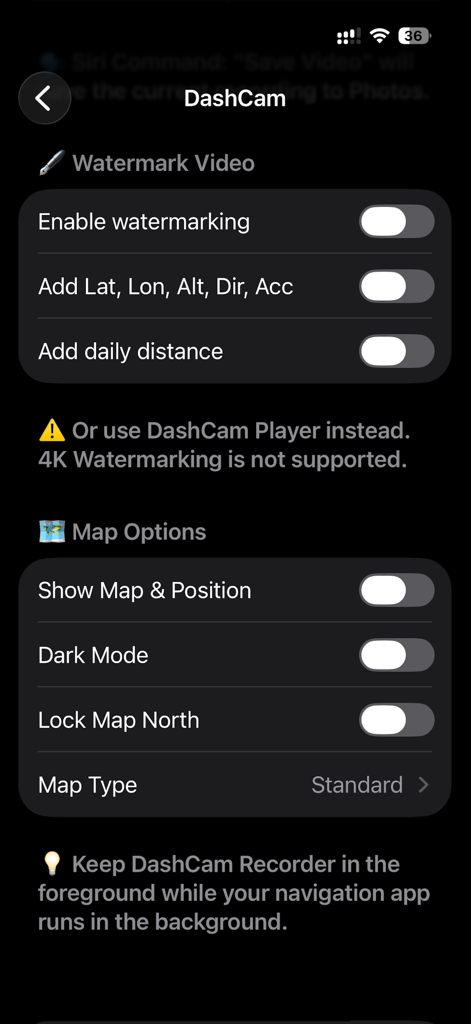 DashCam Recorder settings screen showing options for video watermarking with GPS metadata and map display preferences