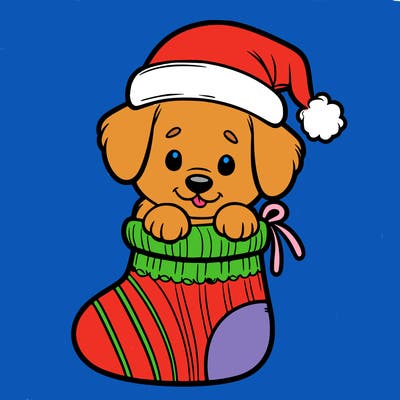 cute puppy wearing santa hat in socking