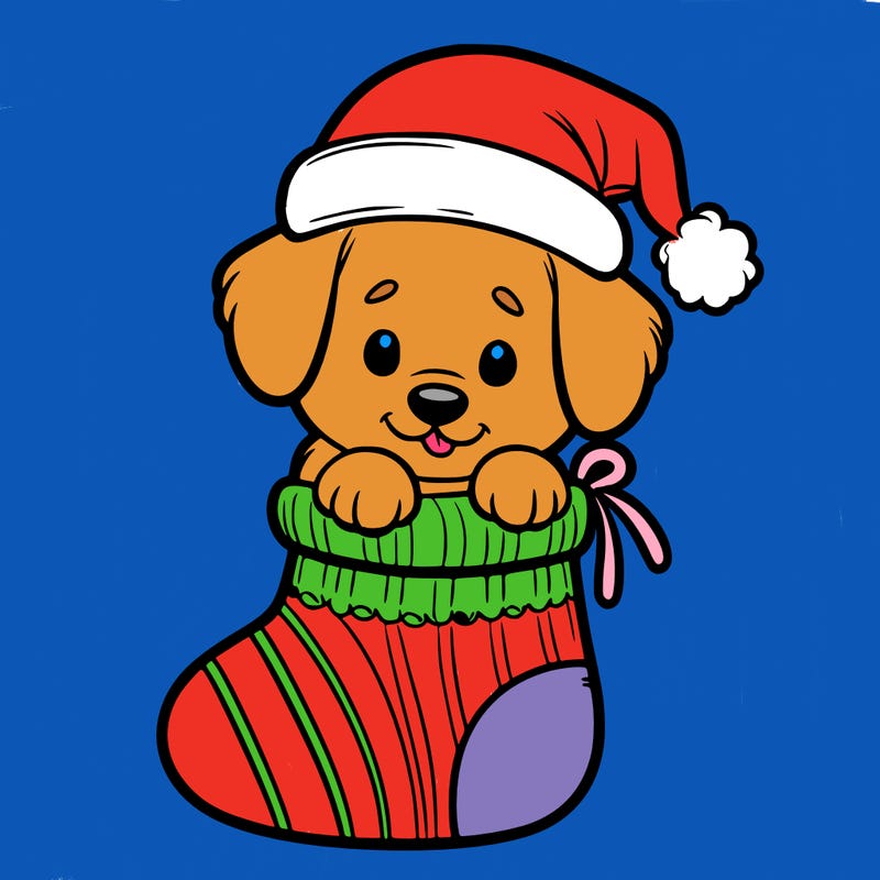 cute puppy wearing santa hat in socking