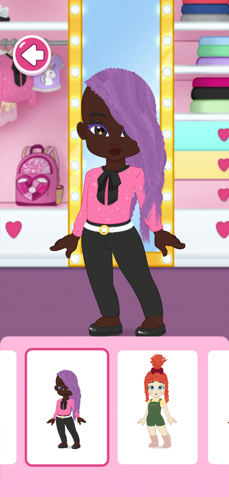 Love Diana Fashion Fabulous - Character customization screen in Love Diana Fashion Fabulous showing a doll with purple hair and pink top