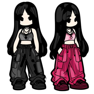 girl in baggy pants crop top and long hair