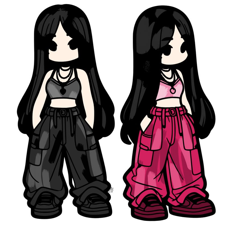 girl in baggy pants crop top and long hair