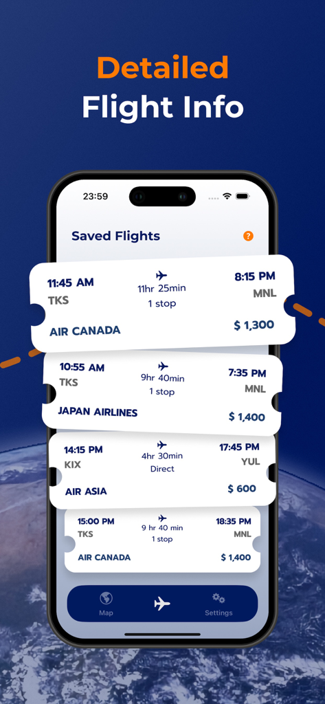 Flight Radar | Flights Tracker - iPhone screen displaying a list of saved flights with airline names arrival times and prices