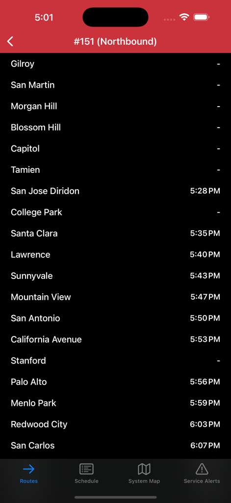 Caltrain+ - Caltrain plus muestra paradas de trenes hacia el norte y horas de llegada para estaciones de Silicon Valley