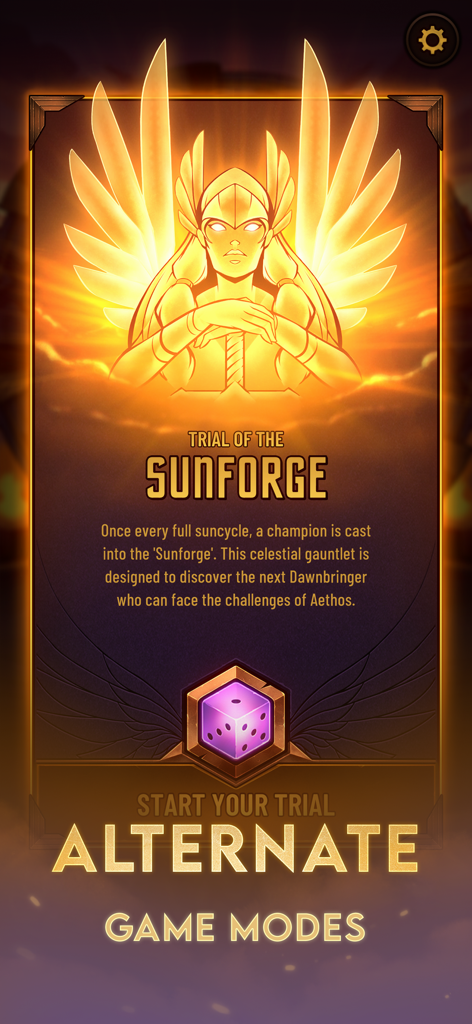 Dawncaster: Deckbuilding RPG - Trial of the Sunforge alternate game mode menu in Dawncaster featuring a celestial warrior illustration.