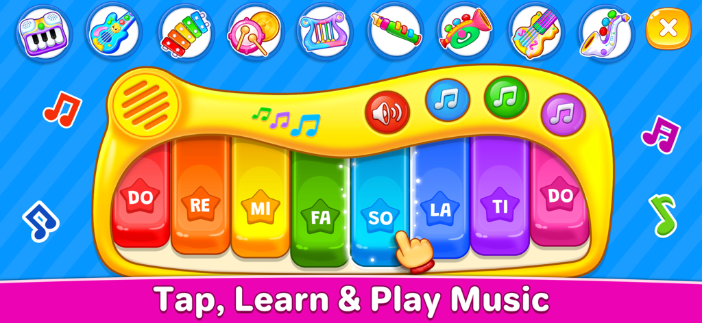 Kids Music: Piano, Xylo, Drums - Un xilófono digital colorido para niños con notas musicales etiquetadas y varios íconos de instrumentos sobre un fondo azul.