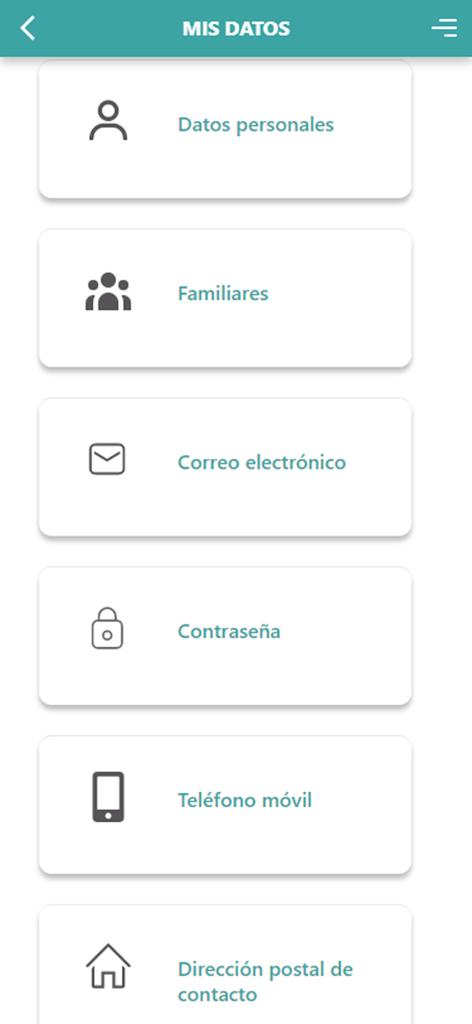 Pantalla de gestión del perfil de usuario en la aplicación del Hospital San Agustín que muestra opciones para datos personales, miembros de la familia e información de contacto.
