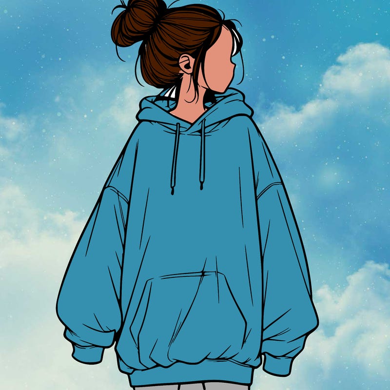 realistic girl with a oversized sweatshirt on and a bun
