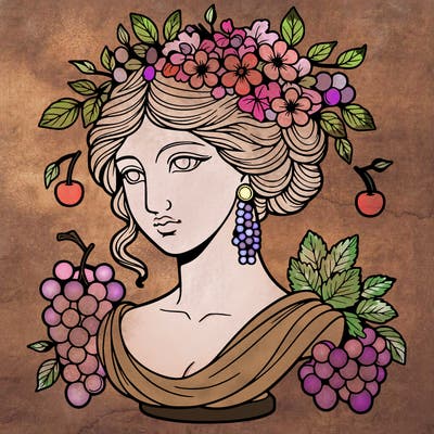 bust of a woman statue with flowers and a bunch of grapes in her hair, cherry earrings