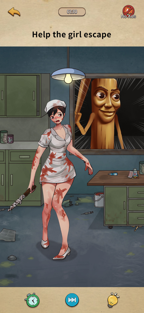 A puzzle level where a girl in a nurse outfit must escape a creepy creature in a hospital room