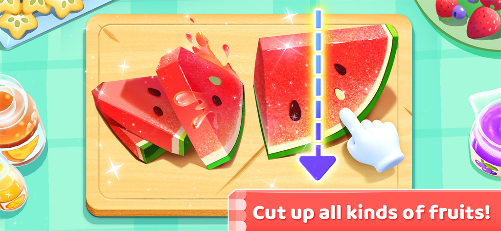 L'icona di una mano che taglia un'anguria su un tagliere nel gioco dei gelati di Little Panda