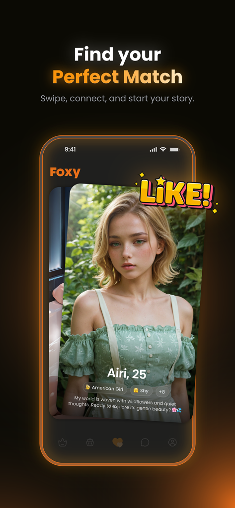 Mobile screenshot of Foxy app showing an AI character profile and a Find your Perfect Match headline.