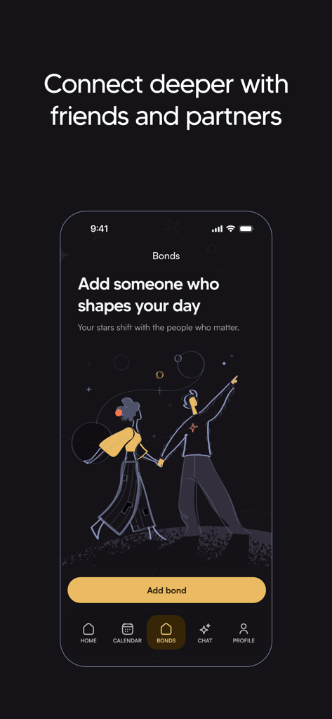 A mobile app screen for Cosmy astrology showing the Bonds feature with a romantic illustration of a couple stargazing and a button to add a connection.