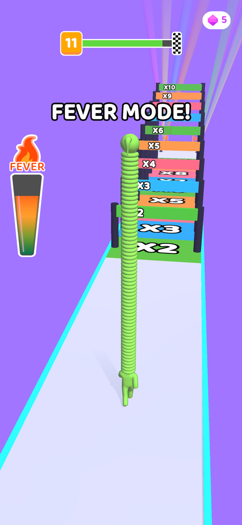 Long Neck Run - Gameplay de Long Neck Run montrant un personnage avec un cou extrêmement long en mode fièvre approchant des portes multiplicateurs.