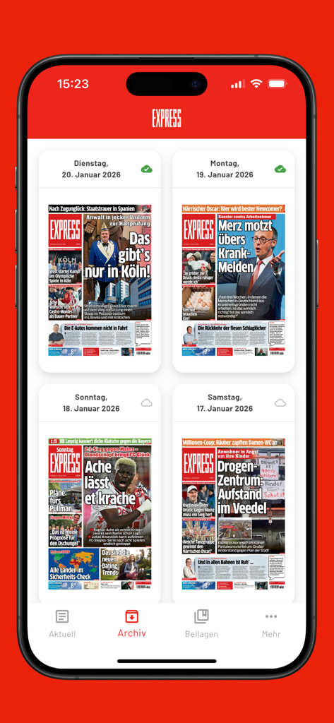 EXPRESS E-Paper - Archive screen in the EXPRESS E-Paper app displaying multiple daily newspaper editions