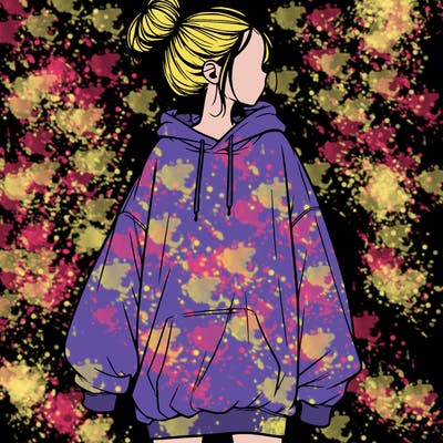 realistic girl with a oversized sweatshirt on and a bun