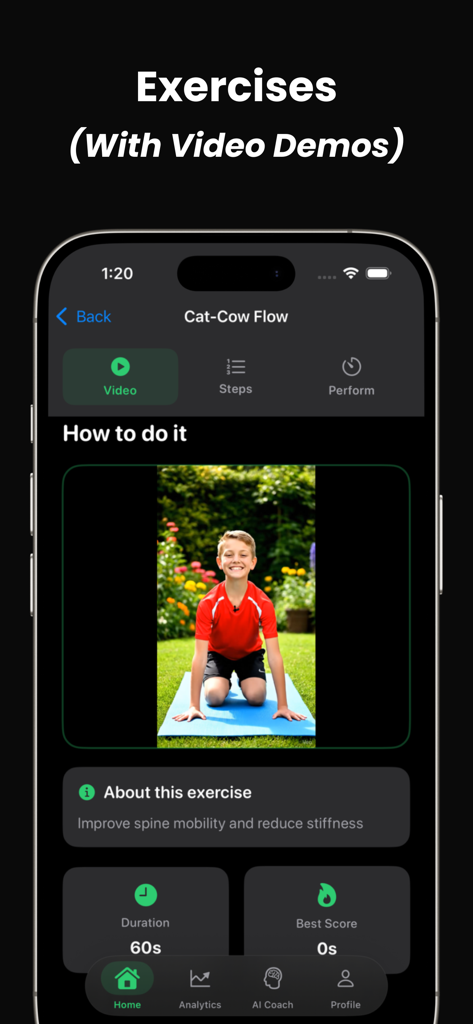 HowTall - AI Height Predictor - A video demonstration of a spine mobility exercise in the HowTall height predictor app.
