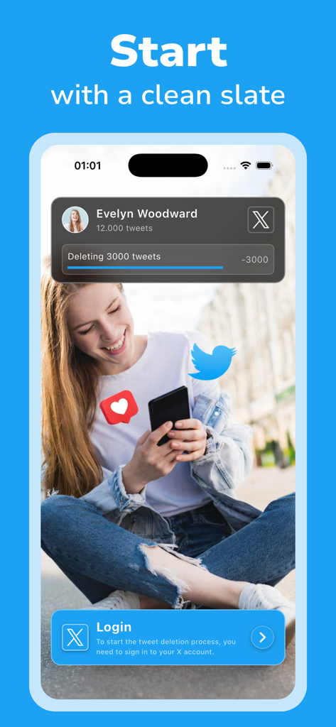 Delex - Delete Tweets Easily - Delex app interface showing the process of bulk deleting tweets for a clean slate on X.