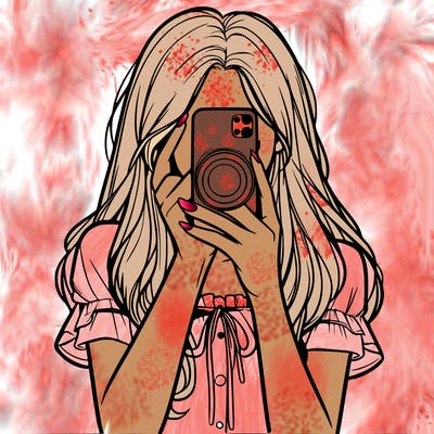 a realistic girl holding her phone taking pictures