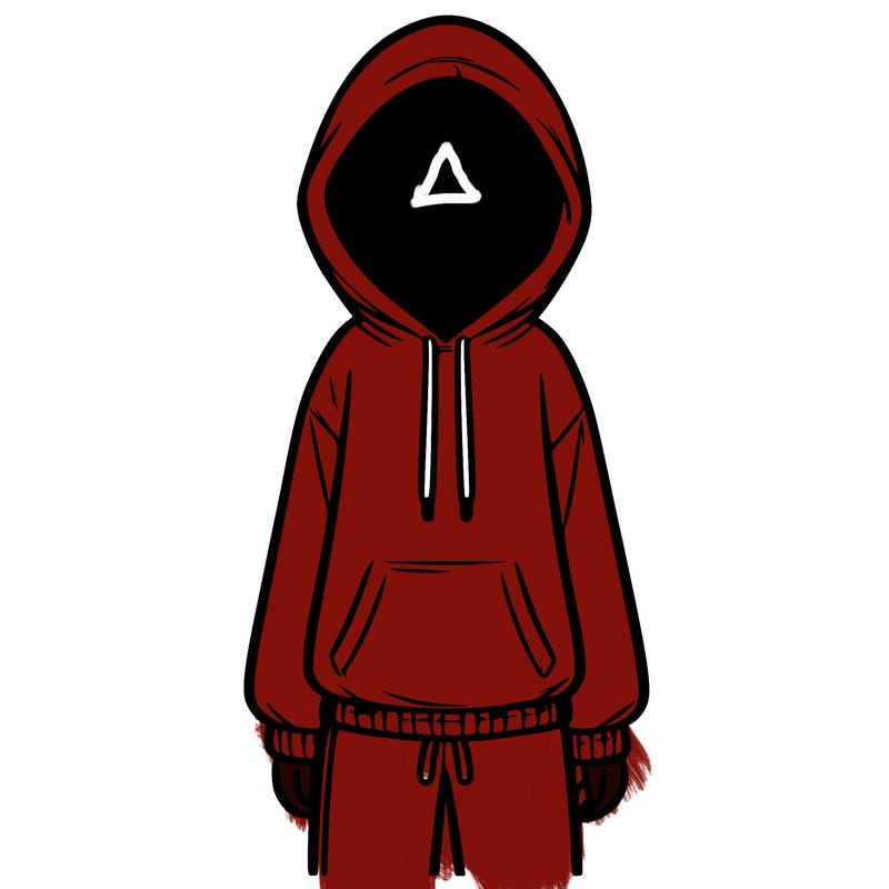 faceless girl in a tracksuit with a hood on and no hair