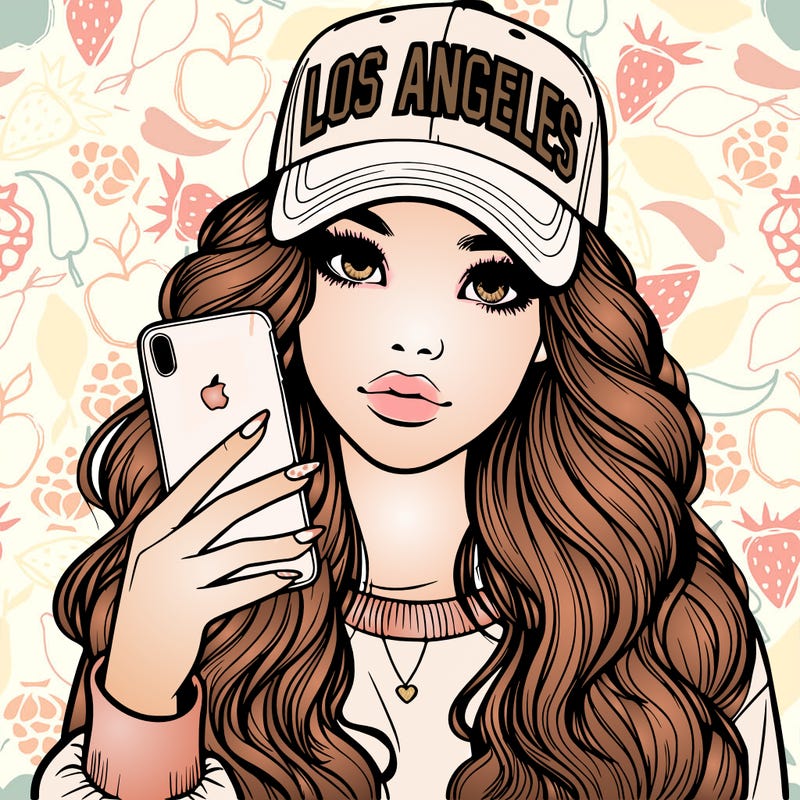 realistic beautiful girl wearing los ángeles cap holding an iphone