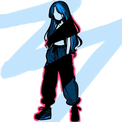 girl in baggy pants crop top and long hair