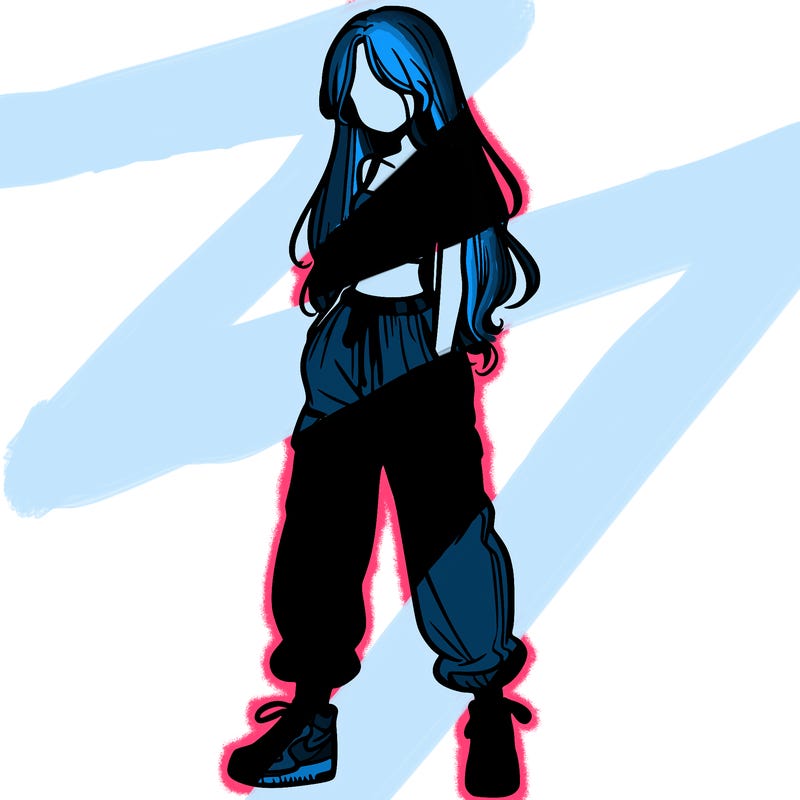 girl in baggy pants crop top and long hair