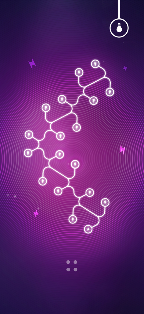紫色の背景に光るエネルギー回路と電球を備えたミニマルなロジックパズルゲームプレイ