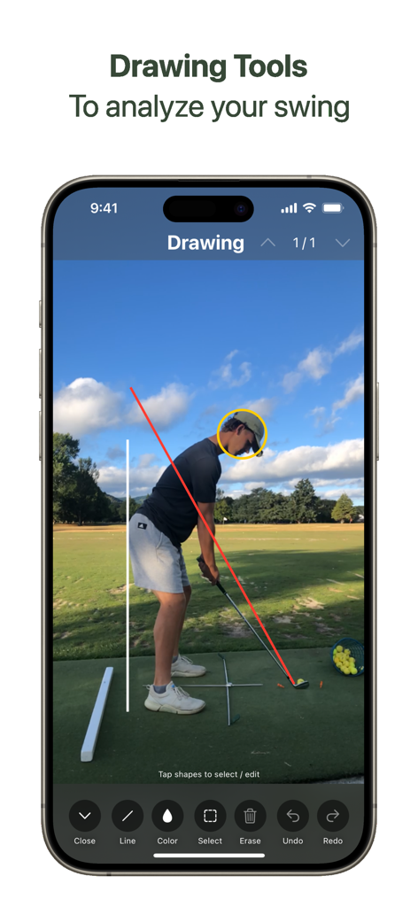 Pantalla de iPhone mostrando a un golfista con líneas y círculos rojos y amarillos superpuestos usando las herramientas de dibujo de la aplicación para analizar la postura del swing