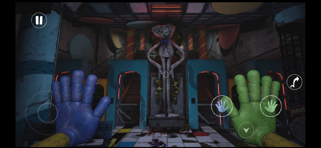 First-person perspective of Poppy Playtime Chapter 3 featuring the blue and green GrabPack hands in a creepy orphanage lobby