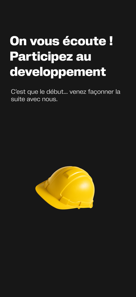 Peppy | Réservez simplement - Un casco de construcción amarillo sobre un fondo negro con texto invitando a los usuarios a participar en el desarrollo de la aplicación Peppy