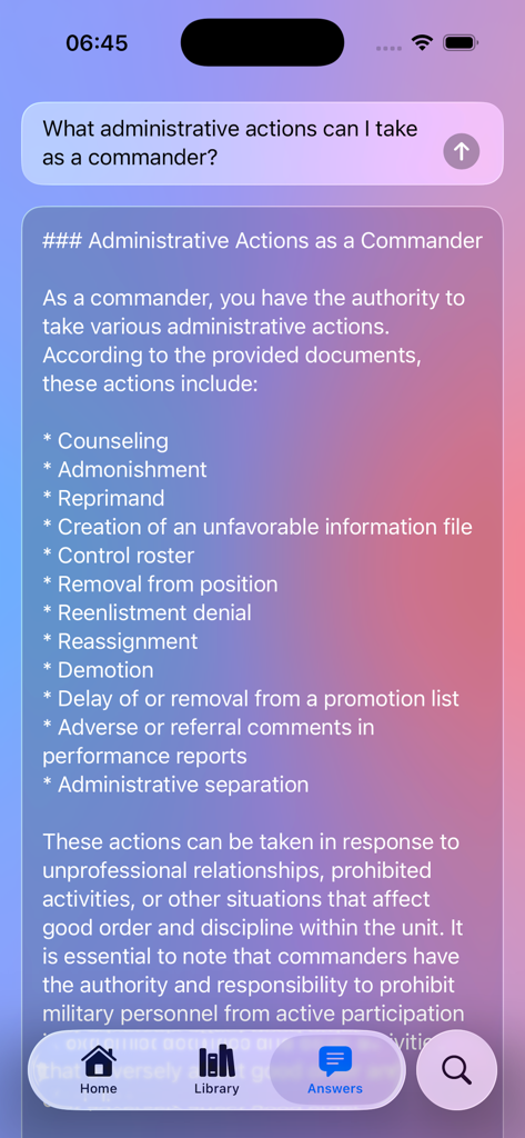AFI Explorer app showing an AI generated list of administrative actions for Air Force commanders.