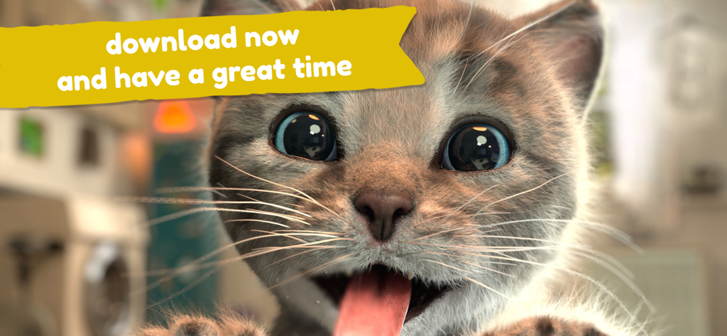 Little Kitten: Cat Adventures - Close up of a cute kitten with its tongue out and a download now banner