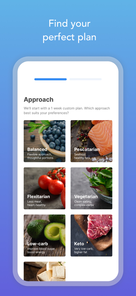 Der Bildschirm zur Auswahl der Ernährungsweise in der Intent Ernährungsplaner App mit Optionen wie Ausgewogen, Pesketarisch, Flexitarisch, Vegetarisch, Lowcarb und Keto