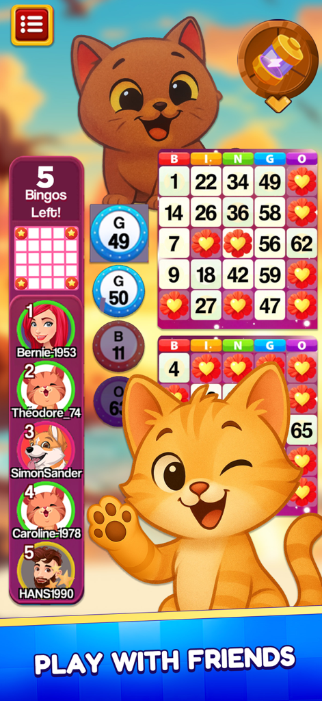 Bingo Madness Live Bingo Games - Bingo Madness gameplay showing two bingo cards and a live leaderboard with friends