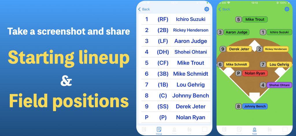 Screenshots of the Baseball Lineup app showing a batting order list and players assigned to positions on a baseball diamond