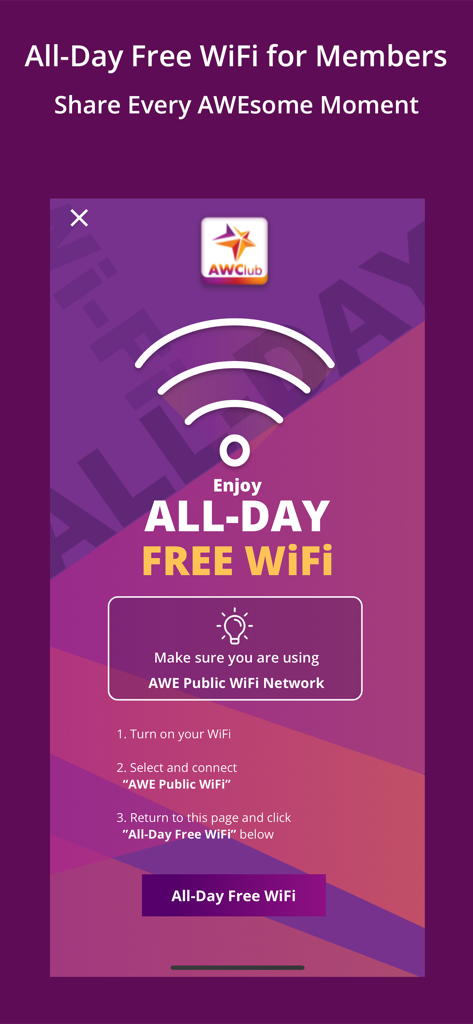 AsiaWorld-Expo - Pantalla de la aplicación móvil que muestra instrucciones para que los miembros de AsiaWorld-Club accedan al Wi-Fi gratuito durante todo el día