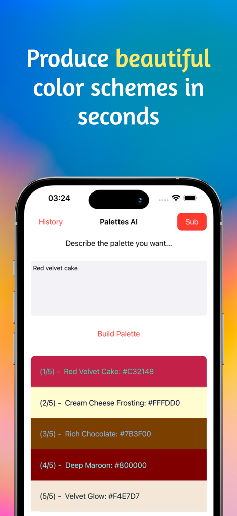 Color Palette Generator AI - スマートフォン画面に、レッドベルベットケーキのテーマの AI 生成カラー パレットが表示されています
